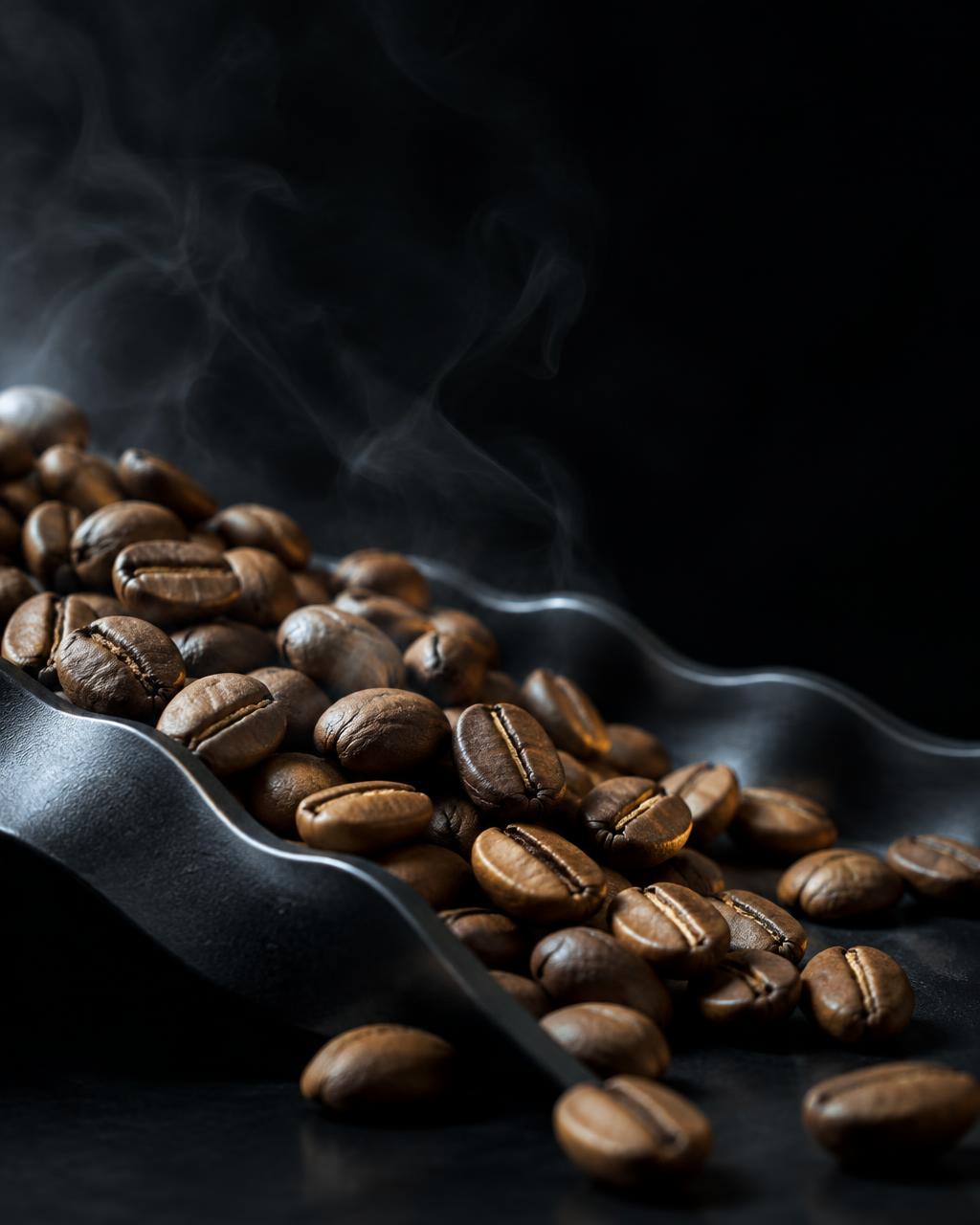 Freshly roasted light-roast beans on a black tray at PEAK ROAST
